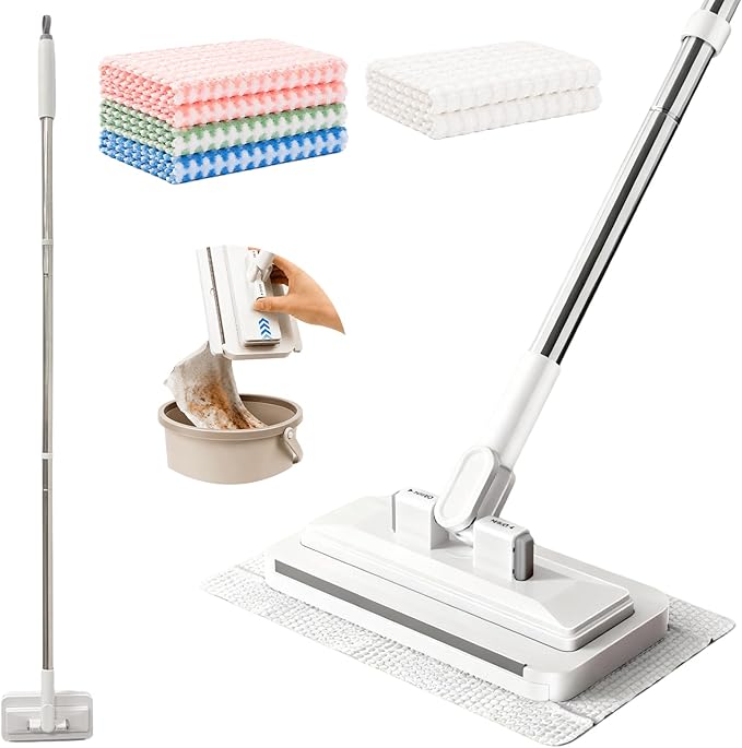 48" Mini Swifter Mop, Hands-Free Quick-Clamp Lazy Mop, Apartments Essential | with 5 Reusable Cloths, Small Head for Spot Cleanups – Easy Sweeping Floor Dust, Pet Hair, Best Household Cleaning Tools