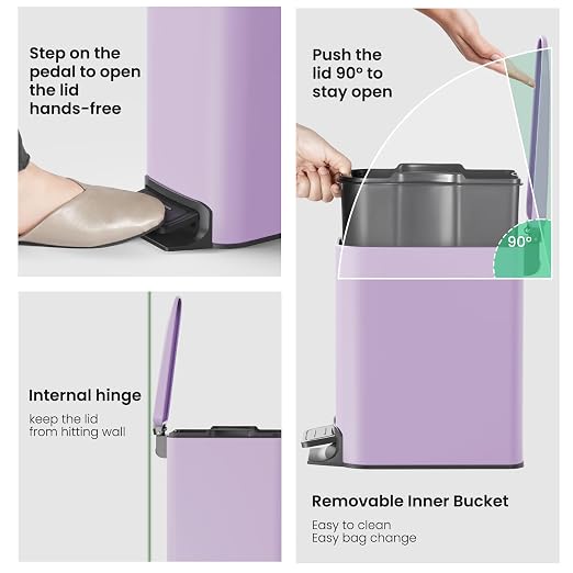 Cesun Small Bathroom Trash Can with Lid, 1.6 Gal, Soft Close, Purple | Step pedal soft close, Slim 5.9in fits narrow spaces, Stainless steel, Anti-fingerprint, Removable inner bucket, Odor seal