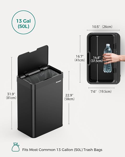13 Gallon Automatic Kitchen Trash Can,Touchless Sensor Garbage Can,Black | Built‑in 1500mAh Rechargeable Battery,Stainless Steel Motion Sensor Trash Can, Silent Close Lid Smart Trash Bin for Home