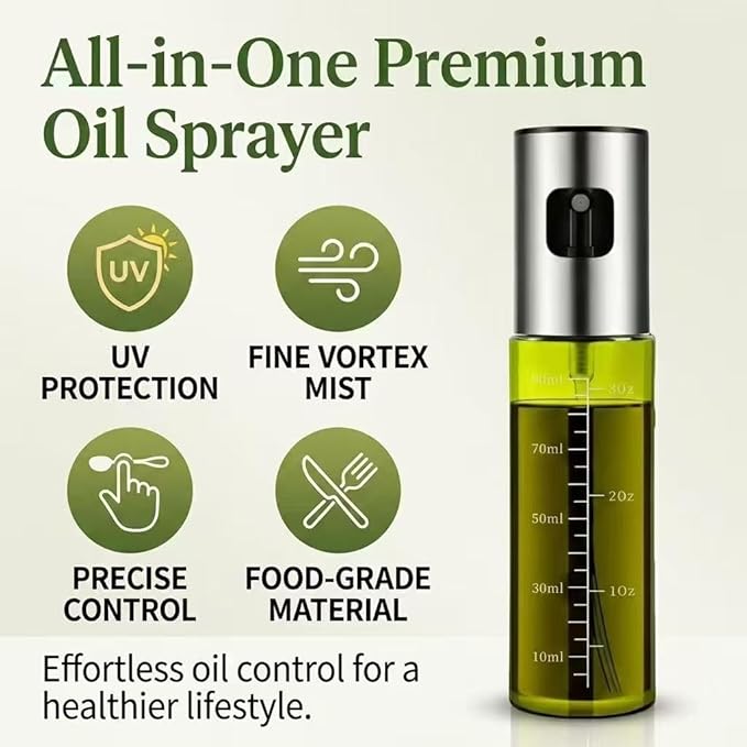 Oil Sprayer for Cooking - Olive & Avocado Oil Spray Bottle | 100ml Food Grade Glass Mister with Adjustable Nozzle for Kitchen Gadgets, Air Fryer, Salad, Frying, BBQ