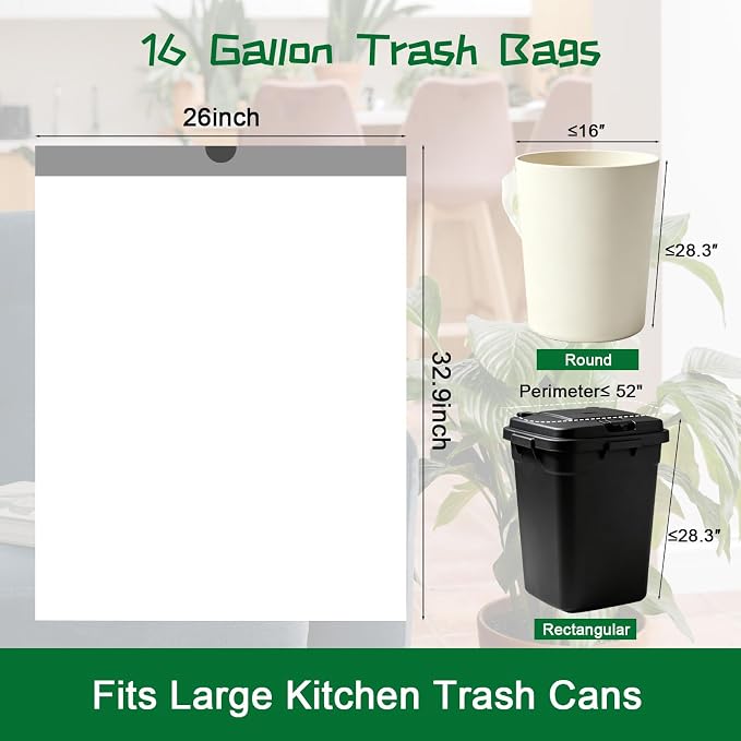 16-18 Gallon Trash Bags Heavy Duty Tall Kitchen Drawstring Garbage Bag | Large White Trash Bags Unscented, Plastic, Leak-Proof, for Kitchen, Home, Office, Outdoor, Restaurant, Commercial Use
