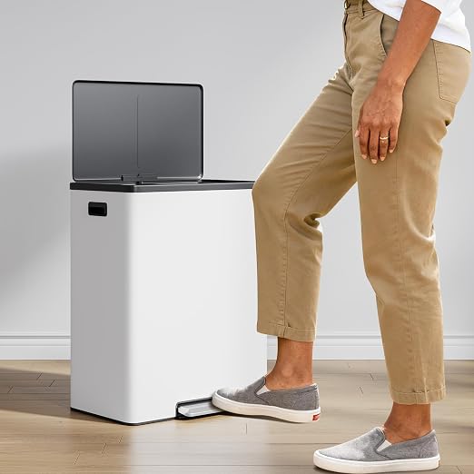 Jojoka Dual Trash Can for Kitchen Recycling and Trash, 16-Gallon Stainless Steel Double Garbage Bin with Lid and Foot Pedal, Soft Close, Removable Compartments for Waste Separation, Home Organization
