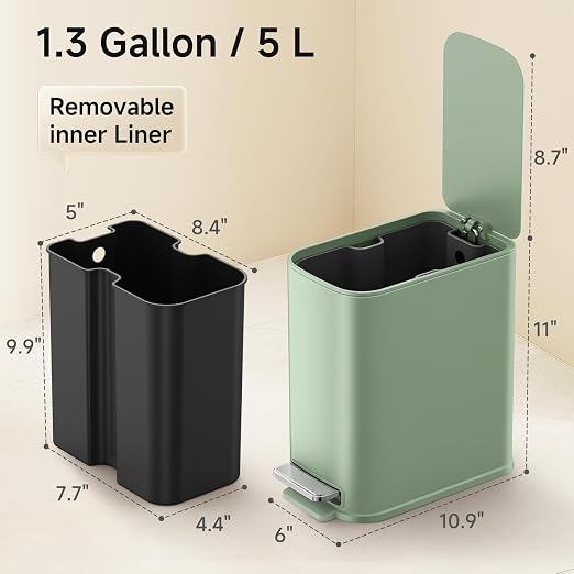 TIPGO Small Bathroom Trash Can with Lid Soft Close,1.3 Gallon, Green | Step Pedal, Removable Inner Bucket, 5 Liter Slim Stainless Steel Garbage Can for Bedroom, Office, Kitchen