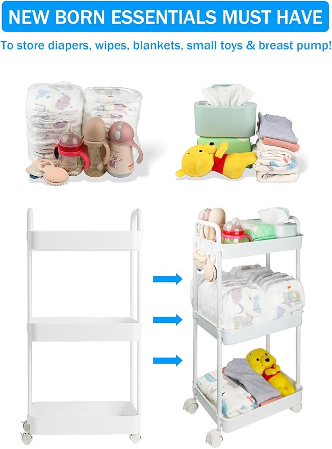 Volnamal Diaper Caddy Cart, 3-Tier Plastic Rolling Cart with Handle, White | Multi-Functional Diaper Organizer for Wipes & Diapers, Newborn Essentials Must Haves, Easy to Assemble, Baby Registry Search