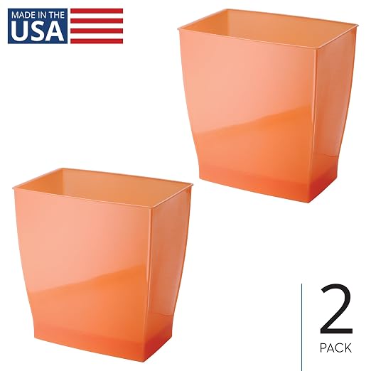 iDesign Small Plastic Bathroom Trash Can, Slim Rectangle, 2-Pack, Orange | Bedroom, Office, Dorm