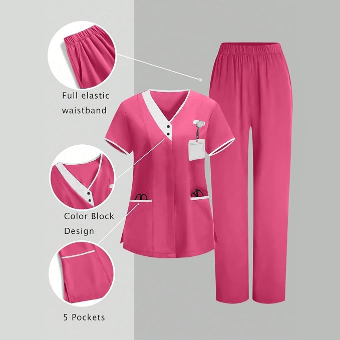 2026 Scrub for Cleaning Jobs Uniform, Multi Pockets Scrubs for Women Sets, V-Neck Top & Straight Leg Pants Scrubs Set