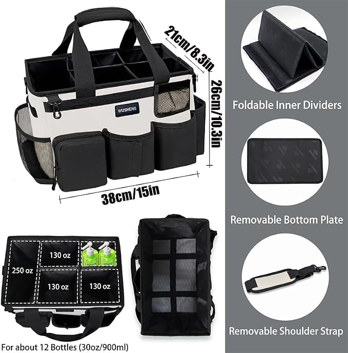 Wearable Cleaning Caddy Bag,Cleaning Supply Tote for Cleaning Supplies, Cleaning Organizer with Adjustable Shoulder and Waist Straps for Cleaners Housekeepers (Black-White, Large)