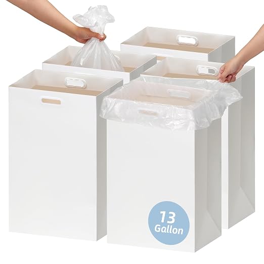 WIFTREY 13 Gallon Disposable Trash Cans for Parties 5 Pack, White | 13.5"L x 10.0"W x 21.7"H, Collapsible Waterproof Cardboard Bins with Handles, Reusable or Single-Use for Camping, Kitchen