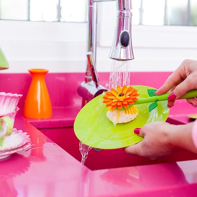 Vigar Flower Power Dish Brush with Handle and Vase Holder - Orange | Dish Scrub Brush for Dishes, Kitchen Scrub Brush, Sink Cleaning Brush, Pot Scrubber, Dishwashing Brush