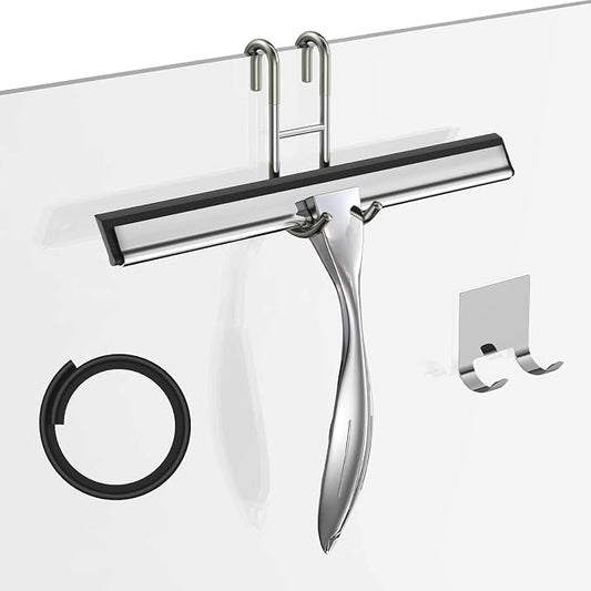 Shower Squeegee Set, 10-Inch Stainless Steel Squeegee for Bathroom, Shower Doors, Mirrors, Tiles, and Car Windows - 100% Streak Free, Includes Shower Door Hook, Adhesive Hook and Spare Silicone Blade