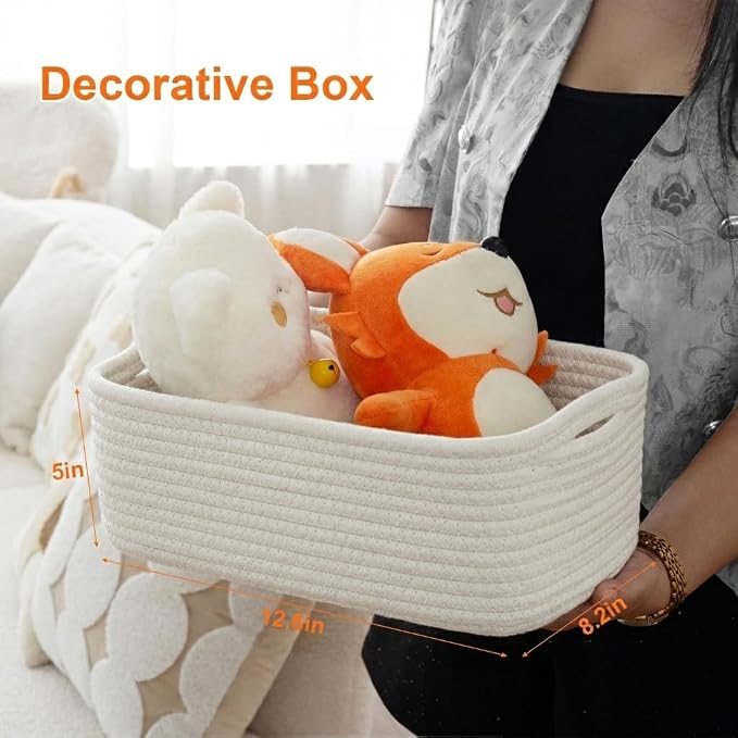 3Pack Small Woven Storage Baskets for Shelves Organizing | Cotton Rope Closet Organizer Bins, Basket for Gifts Empty, Nursery, Living room, Dog Toy Basket 13.2x8.2x5.2 in, White