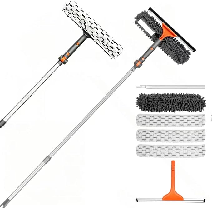 2-in-1 Window Squeegee for Home, 62" Extension Pole Window Cleaning Kit with Bendable Head, Professional Window Washing Equipment for High Indoor Outdoor Glass & Car (with 4 Cleaning Cloth)