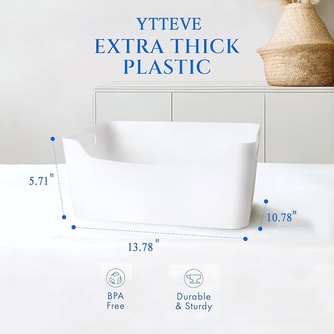 4 Pack Large Plastic Storage Bins with Handles, Versatile 13.7x10.2x5.7 Inch White Organizer Containers for Kitchen, Pantry, Closet, Bathroom, Office, Cabinet, Drawer, Snack, Toy & Makeup Organization