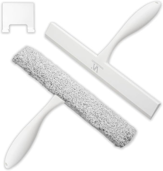 Shower Squeegee for Glass Doors & Microfiber Scrubber Kit 11Inch Window Washing Tools with Non-Slip Handle and Adhesive Hook