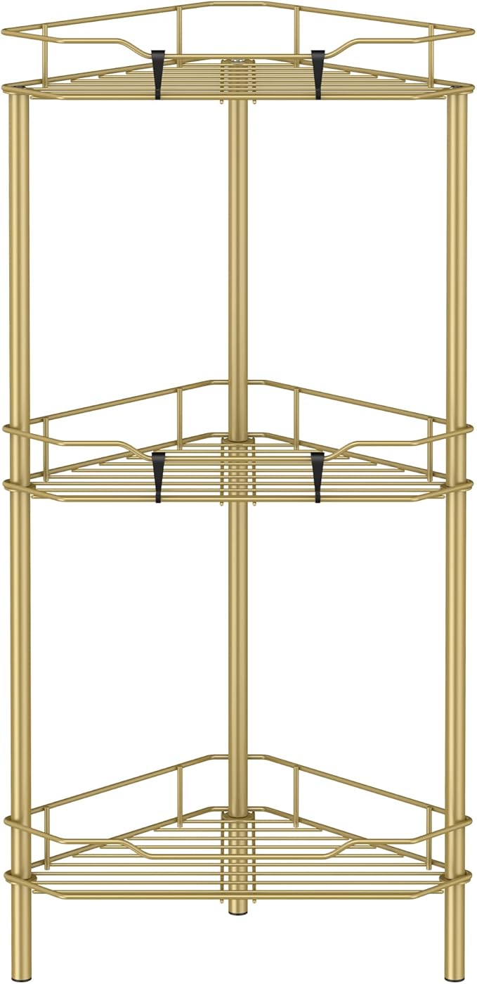 HuggieGems Metal Floor Standing Corner Shower Caddy, Gold, 3 Tier | Adhesive Bathroom Organizer Shelves, Free Standing Shower Rack with Hooks, Hold Large Shampoo Bottles
