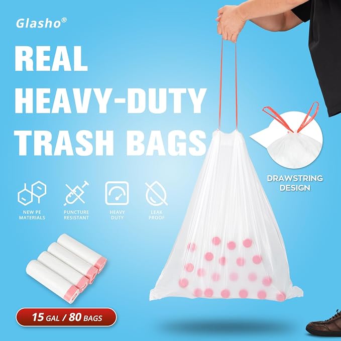15 Gallon Drawstring Trash Bags, 80 Count, White | Ultra Thick, Heavy Duty, Leak Proof Large Plastic Garbage Bags for Tall Kitchen Home Office Outdoor