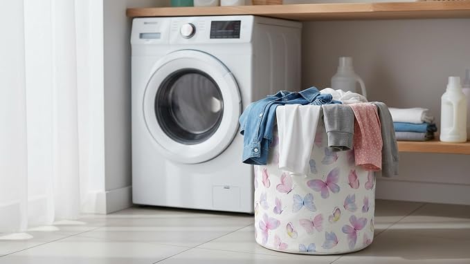 Collapsible Round Storage Basket, Soft-Sided Organizer with Waterproof Coating, Foldable Bin for Clothes,Laundry Basket, Nursery Hamper, Gift Baskets(Pink Watercolor Butterfly)