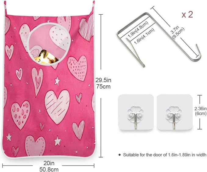 Hot Pink Hearts Stars Hanging Laundry Hamper Door Hampers Bag Basket with Stainless Steel Hooks Oxford Fabric Printing Decorative Clothes Bags 29.5X20inch 1Pack