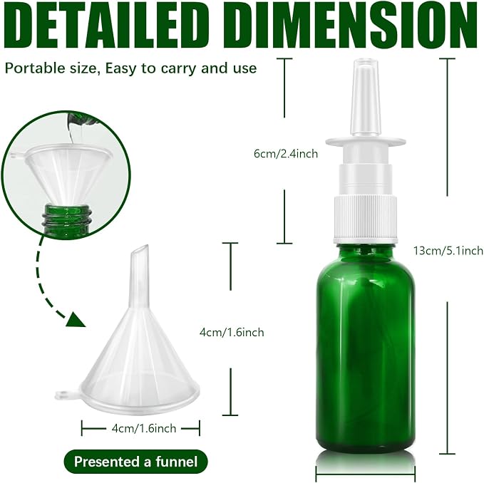 Cupohus Nasal Spray Bottle, 3 Pcs 30ML/1oz Green Glass Refillable Fine Mist Sprayers Atomizers, Travel Sized, Empty Nasal Sprayer with Funnels and Labels