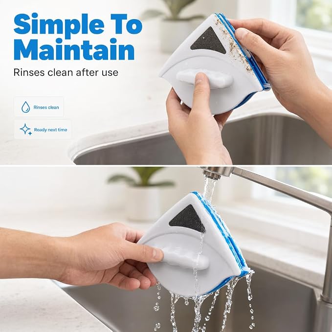 Double Sided Magnetic Window Cleaner, Magnetic Window Cleaner Tool for 3-8mm Glass, Triangle Glass Cleaning Wiper with Safety Rope, Magnetic Glass Cleaner for Home Windows (2pcs)