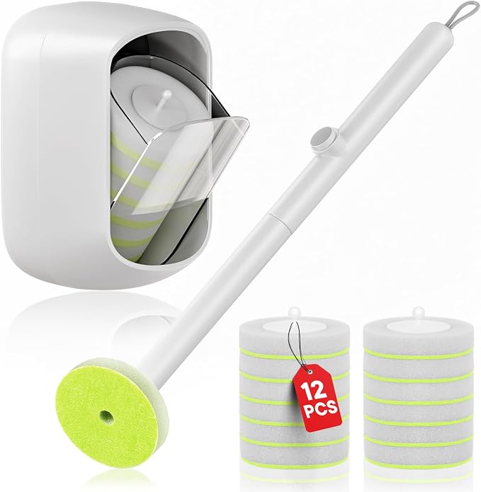Disposable Toilet Brush and Holder Set, Toilet Bowl Cleaner Wand with 12 Refill Heads, Toilet Brush for Bathroom, Toilet Bowl Brush and Holder, Toilet Scrubber Kit with Storage