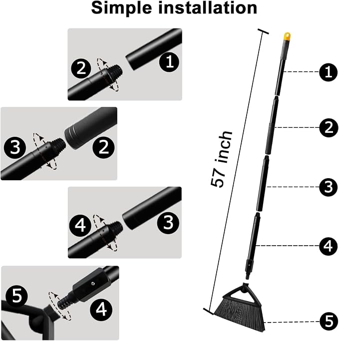Heavy Duty Black Angle Broom with Long Handle - 4 Pack | Versatile indoor/outdoor sweeping, for courtyard/garage/sidewalk/kitchen/lobby/canteen, durable & efficient