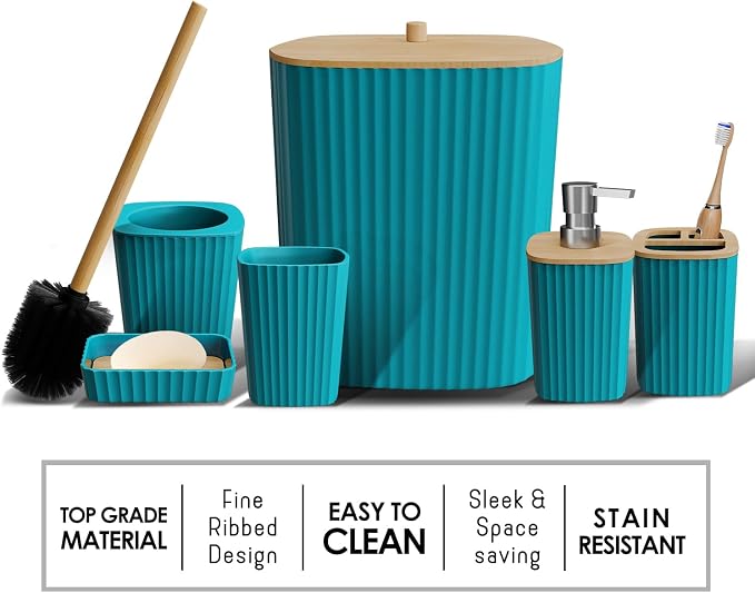Clara Clark Bathroom Set - Teal Bathroom Accessories Set, 6PC Bathroom Accessory Set, Bathroom Sets with Toilet Brush, Trash Can & Soap Dispenser