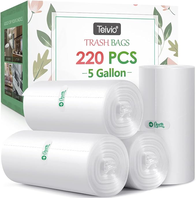 5 Gallon 220 Counts Strong Trash Bags Garbage Bags by Teivio, Bin Liners, for bathroom home office kitchen, 5.5 Gal, Clear | Fit 12-15 Liters,4,4.5,5,5.5Gal,Small Plastic Waste Basket Bins Can Liners for Home Bathroom Office Car, Cleaning Supplies