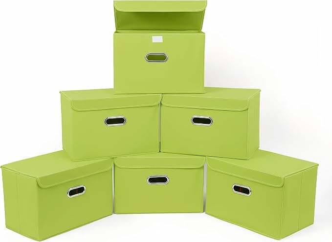 STOREONE Fabric Storage Cube Bins Foldable Organizer Container Collapsible Basket with Lids and Metal Handles, for Home, Bedroom, Closet 6 Pcs (multicolour-green)