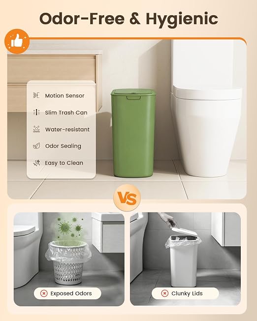 TIPGO 5 Gallon Automatic Bathroom Trash Can with Lid, Green, Touchless | Motion Sensor, Slim Smart Garbage Bin, Plastic Wastebasket, Battery Operated, Manual Button, for Bedroom, Office,RV