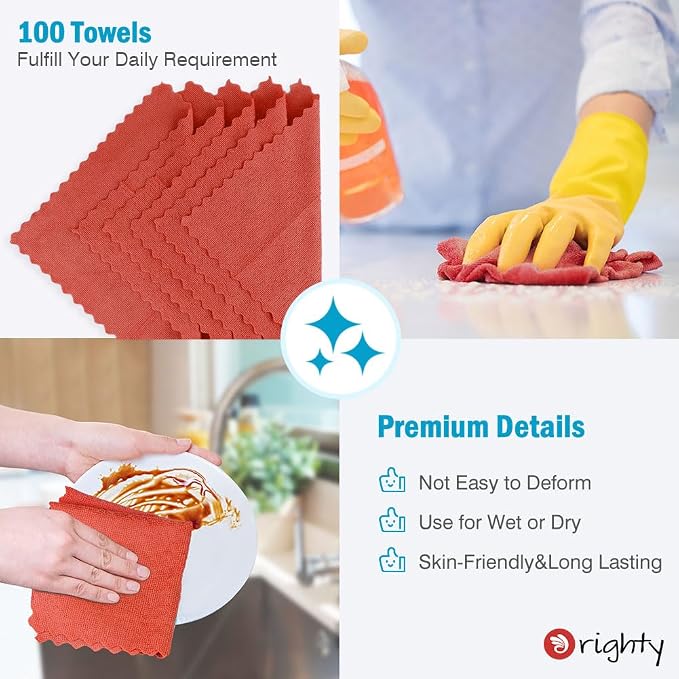 Orighty Cleaning Cloths, Shop Towels 100 Pack, Shop Rags Reusable, Microfiber Cleaning Rags Bulk for Cars, Multi-Purpose Lint Free Towels for Automotive, Mechanic, Kitchen, 11.5’’ x 11.5’’, Red | Microfiber Towels for Cars, Multi-Purpose Shop Towels, S...