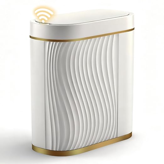 FreSup Motion Sensor Bathroom Trash Can with Lid, Automatic Small Trash Bin | IPX5 Waterproof, Aesthetic, Whisper Quiet, Slim Garbage Can for Bedroom, Restroom, Office, Smart White and Gold WasteBasket