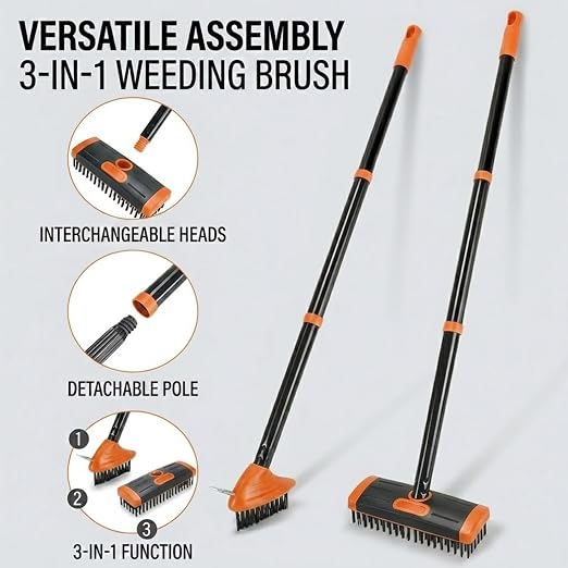 3 in 1 Floor Scrub Brush with Long Handle, Deck Weed Tool | High-carbon steel bristles and versatile heads clear patio moss, concrete stains, and driveway crevices without bending