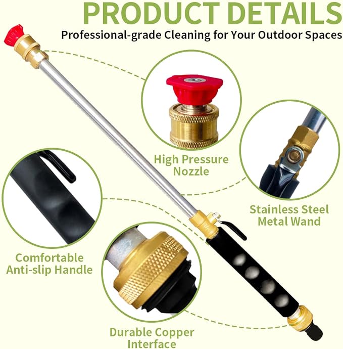 High Pressure Hose Nozzle for Garden Hose,Leak-Free Jet Wand with 5 Nozzles | Heavy Duty Brass Water Jet Nozzle for Car Wash, Patio, Driveway, Lawn & Garden Cleaning with Leak-Free Design
