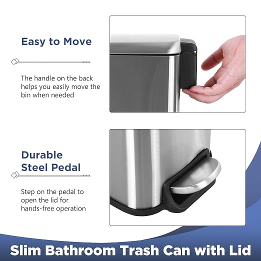 1.3 Gallon Kitchen Trash Can, Stainless Steel, Removable Plastic Inner Bucket, Foot Pedal, for Bathroom,(2 Set)