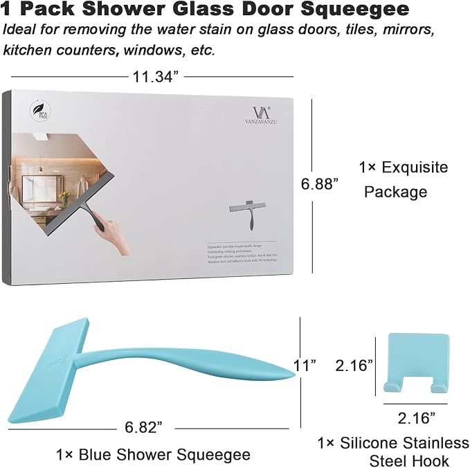 Squeegee for Shower Glass Door, 11-Inch Shower Squeegee for Glass Doors, Bathroom Silicone Squeegees Wiper for Shower with Non-Slip Handle, No-Drilling Silicone Hanging Hook, for Tiles (Blue)