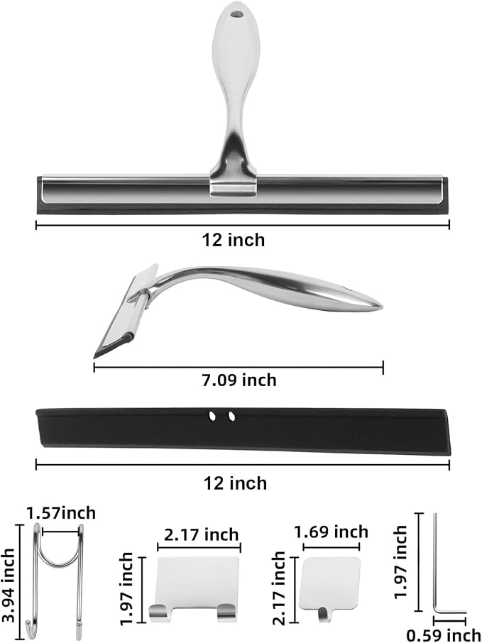 All-Purpose Stainless Steel Shower Squeegee Come with S Hook, 2 Square Sticky Hook 2 Rubber Strips Shower Squeegee for Glass Doors, Windows, Mirrors, Tiles and Car Glass -12 Inches Silver