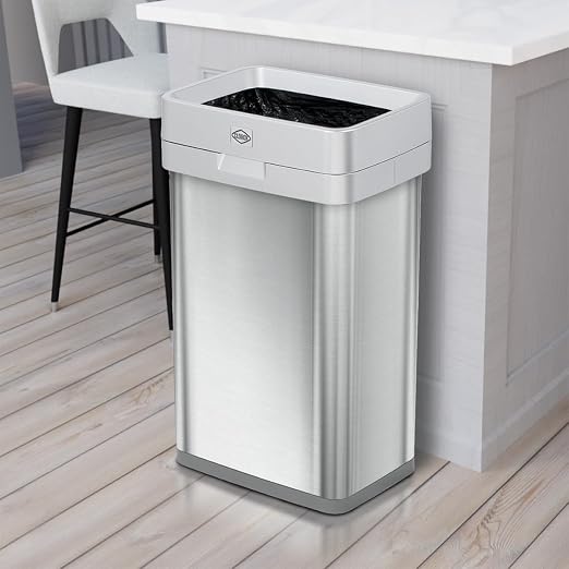 Clorox Slim Open Top Stainless Steel Trash Can, Silver, 13 Gallon / 50L | Narrrow Rectangular Garbage Bin with Hinged Rim Protection for Commercial Spaces, Kitchen, and Office Use