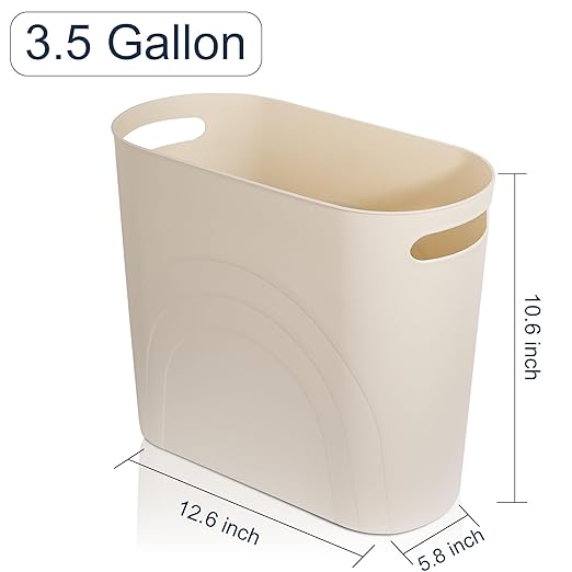 Small Bathroom Trash Can, 3.5 Gallon Slim Garbage Can, 2 Pack Cream | Plastic Waste Basket with Handles for Bathroom, Bedroom, Dorm, Kitchen, Office and Narrow Spaces