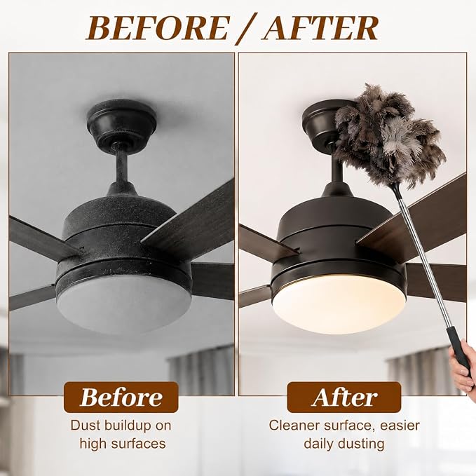 Extendable Ostrich Feather Duster 17–40 Inch, Fluffy Long Handle Reusable Feather Duster, Feather Dusters for Cleaning Ceiling Fan,Pendant lamp, High Ceiling, Blinds, Furniture