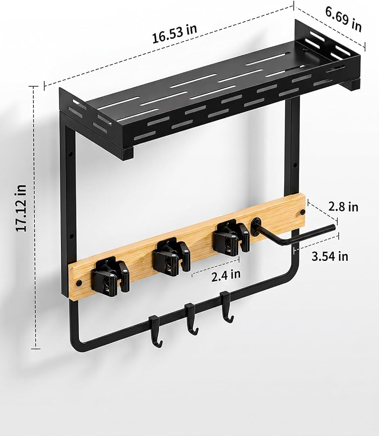 Deloban Broom Holder Wall Mount,16.6" Small Mop Tool Organizer | With Bamboo Rail, 3 Grippers, 3 Hooks, Vacuum Slot & Top Storage Shelf For Laundry Room Organization, Garage,Garden,Black
