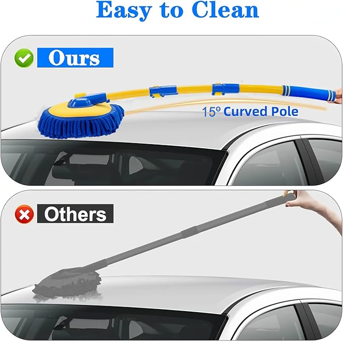 MVEQRRN 15°Curved Chenille Car Wash Brush Mop with Long Handle(Blue) | Chenille car wash mop accessories, cleaning brush supplies, microfiber replacement head, for cars trucks RV