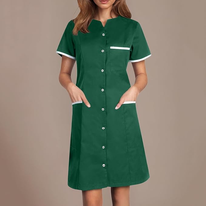 Scrubs Dress for Women - Button Front Nursing Workwear - Casual Housekeeping Dresses with Pockets