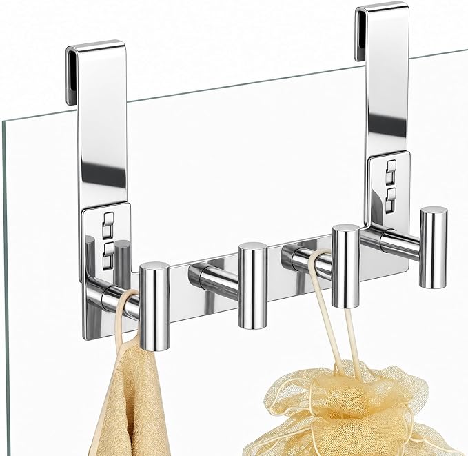 PMMASTO No-Drill Extra Long Shower Hooks, Fits 3/8" Thick Door, Heavy Duty Stainless Steel Towel Hooks for Frameless Glass Shower Door, Holds Bathrobe Towel (Polished Silver, 4 T-Hooks)