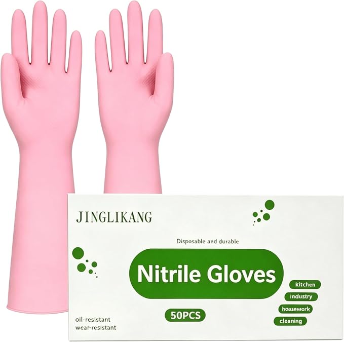 16inch Nitrile Disposable Gloves Long Sleeved Blue 6Mil 50PCS | Durable Anti slip Waterproof Powder Free Household Cleaning Dishwashing Auto repair Pet care Protective Gloves