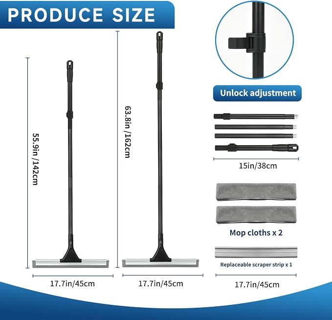 Rubber Floor Heavy Duty Squeegee Mopping Wiper Cleaning Set Long Handle | V-shaped blade design, Extended Telescoping Handle For Homes, Garages, Concrete Floors, Patios, and Window Cleaning.
