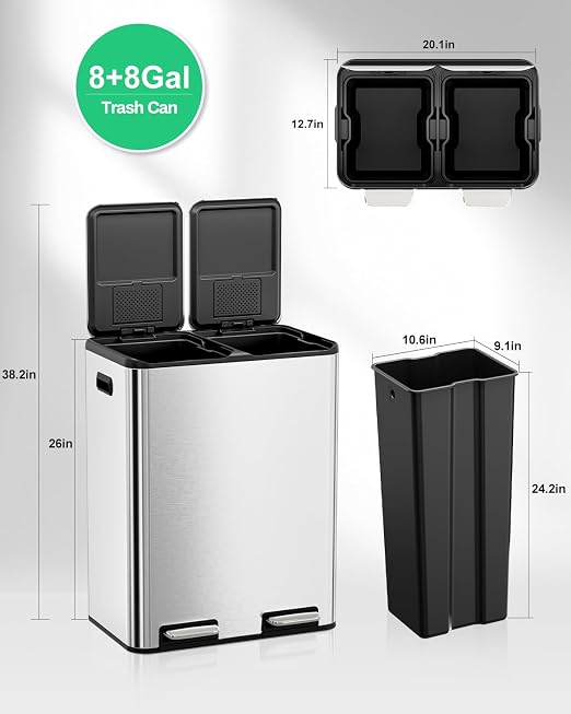 TLSUNNY 2 X 8 Gallon Double Compartments Kitchen Trash Can, Stainless Steel | Dual Trash and Recycling Bins with Odor Control, Soft-Close Lid, Removable Inner Bucket, Handle, Pedal, for Home, Silver