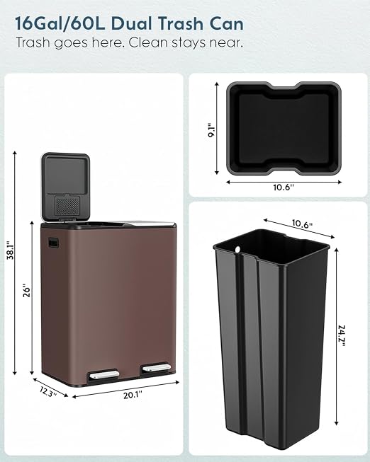 Arlopu 16Gal Dual Trash Can w/2 Built-in Box for Odor Control | Hands-Free Kitchen Garbage Bin, Recycle Waste Dustbin, Soft-Close Lid, 2 Buckets, Foot Pedal, Side Handle, for Home (Brown)