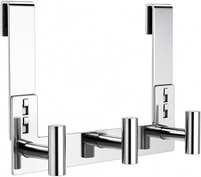 PMMASTO 3-Hook Shower Door Rack, Polished Silver, Fits 3/8-Inch Glass | Extra-Long Heavy-Duty Stainless Steel, No-Drill Design, 3 T-Shaped Hooks for Bathrobes and Towels on Frameless Shower Doors