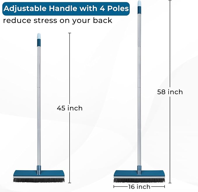 16-Inch Push Broom Outdoor with Rubber Squeegee and 58" Long Handle, 2 in 1 Commercial Broom Brush with Stiff Bristles for Deck Patio Garage Warehouse Driveway Concrete Floor Cleaning Scrubbing